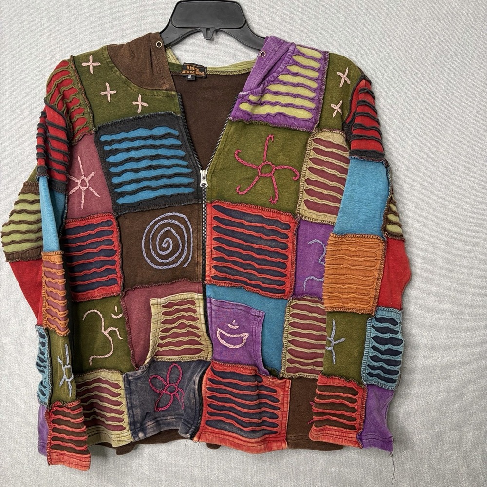 Rising International Full Zip Patchwork Hoodie Dyed Hippie Celestial Size XL